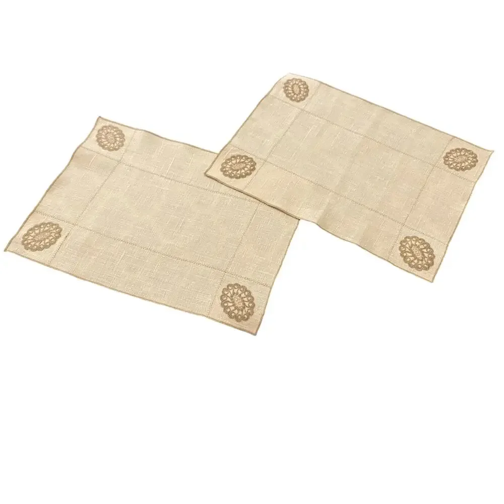 Set of 2 Vintage Linen Medallion Applique Napkins Beige Farmhouse Cottagecore